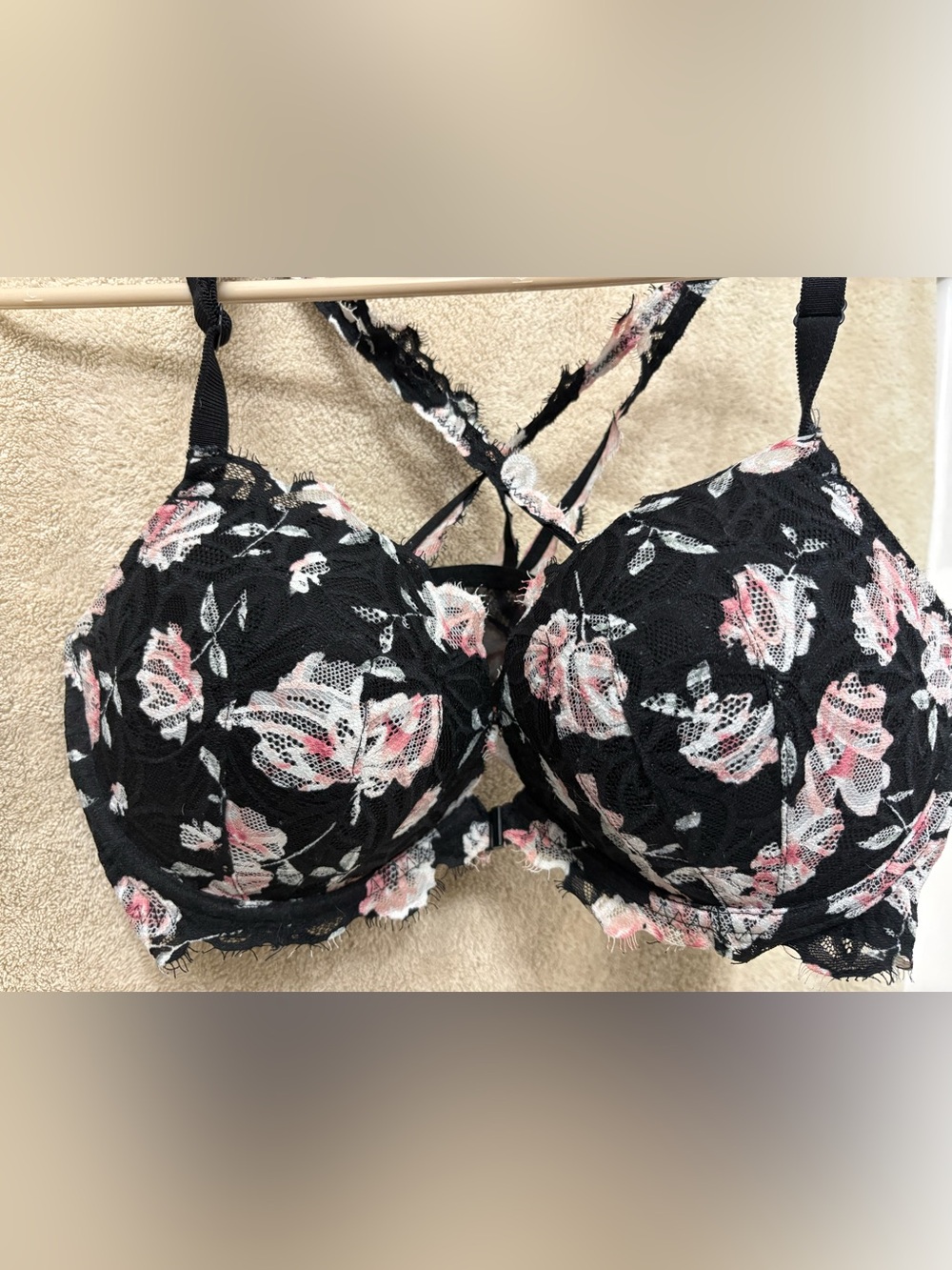 PINK Victoria's Secret Black Lace Bra with Pink Floral Print